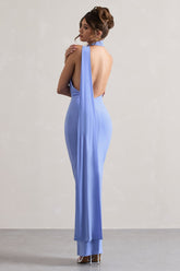 Pale Blue One Shoulder Backless Maxi Dress With Scarf